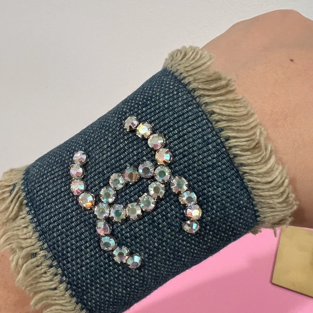 πSOLDπ CHANEL Embellished Denim Cuff Bracelet - Picture 8 of 8